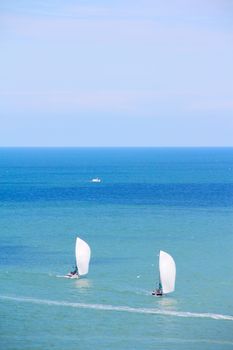 Sailing yachts in regatta near coast of Dieppe, Normandy, France