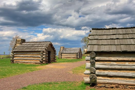 Reproductions of cabins used by Revolutionary War soldiers during the winter of 1777-78 under the command of George Washington. Located in Valley Forge National Historical Park, Pennsylvania, USA.