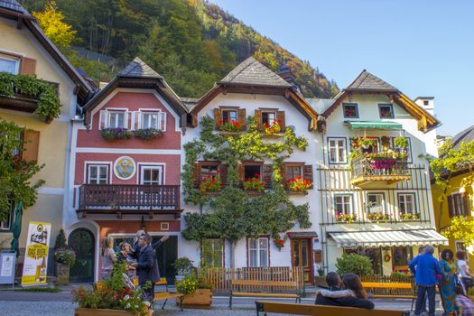 Colorful and picturesque square in Hallstatt, Austria 