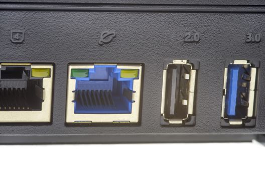 Modern wireless router ports, close up image