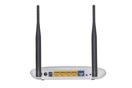 Modern wireless router with antenna over white