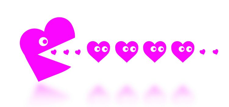 Concept of dating - big Pacman heart hunting small hearts - pink