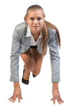 Businesswoman standing in running start pose, front view. Isolated over white background