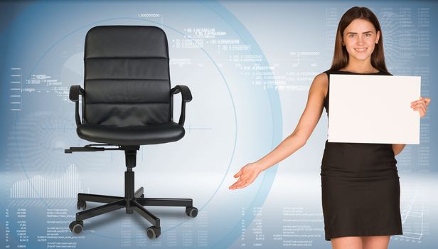 Businesswoman holding blank white paper sheet, showing empty office chair beside. Hi-tech graphs as backdrop