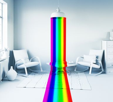 Rainbow color light from the lamp in a white interior. Art-style 3d concept