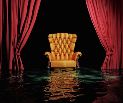 luxury leather armchair and red curtain above flooding  interior (3D)