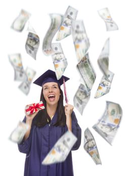 Excited Female Graduate in Cap and Gown Holding Stack of $100 Bills with Many Falling Around Her on White.