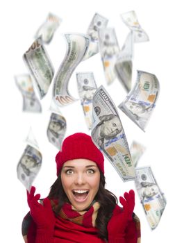 Young Excited Warmly Dressed Woman with $100 Bills Falling Money Around Her on White.