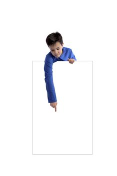 A young child is holding a blank, white message sign on an isolated, white background. Add your text.