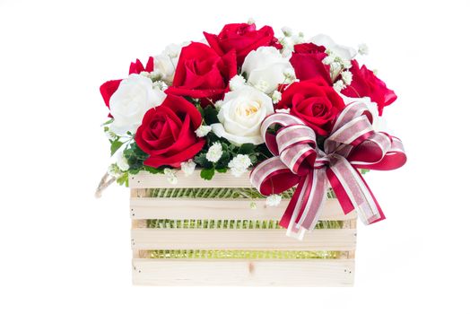 Red and white rose in a wooden basket with beautiful ribbon, gift for valentine 's day, isolated on white background