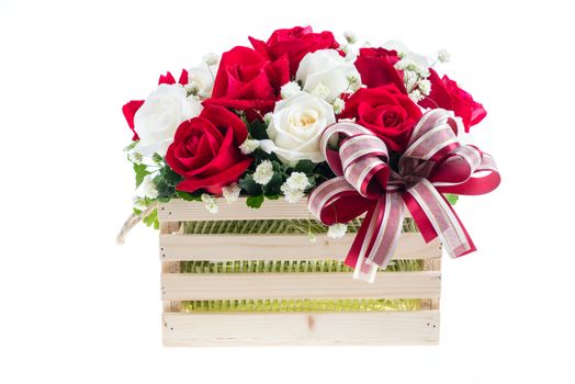 Red and white rose in a wooden basket with beautiful ribbon, gift for valentine 's day, isolated on white background