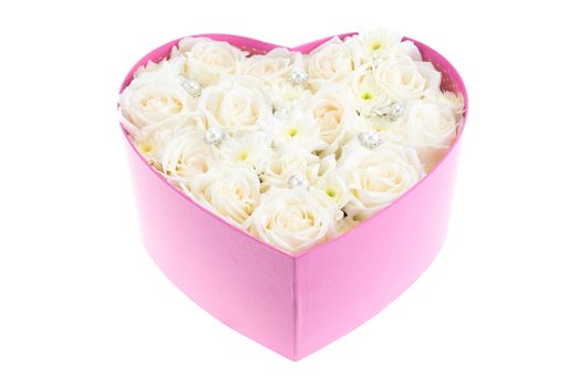 White roses and pearl and diamond held in the heart shape box. gift for valentine 's day, isolated on white background