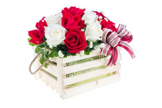 Red and white rose in a wooden basket with beautiful ribbon, gift for valentine 's day, isolated on white background