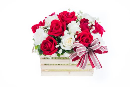 Red and white rose in a wooden basket with beautiful ribbon, gift for valentine 's day, isolated on white background