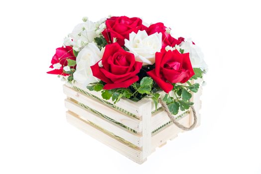 Red and white rose in a wooden basket with beautiful ribbon, gift for valentine 's day, isolated on white background