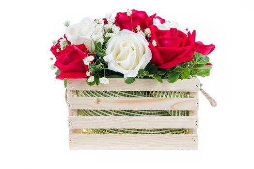 Red and white rose in a wooden basket with beautiful ribbon, gift for valentine 's day, isolated on white background