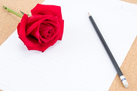 Cardboard, corkboard with note paper with pencil and rose beside for romantic planning, space for text