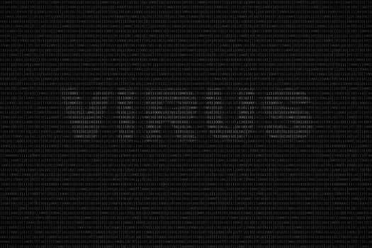 black and white binary computer code background, with word VIRUS