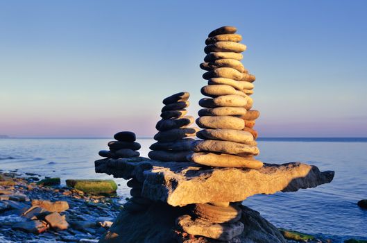 Pyramidal group of stones on the seashore