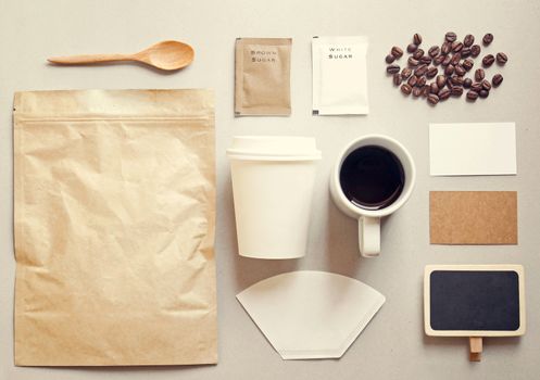 Coffee identity branding mockup set with retro filter effect 
