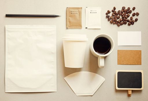 Coffee identity branding mockup set with retro filter effect 