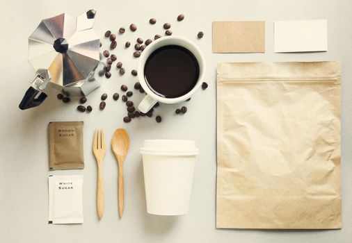 Coffee identity branding mockup set with retro filter effect