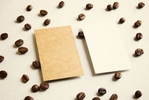 Blank business name card on coffee beans with retro filter effect