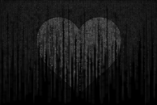 black and white matrix background, with motion blur, isolated on black background, with love heart symbol