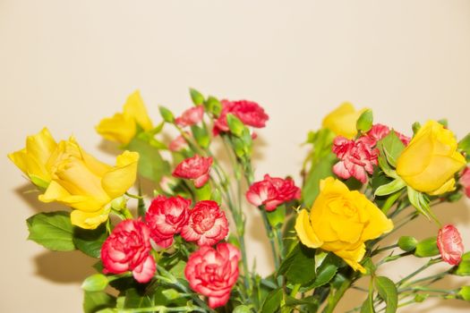 small bunch of roses and carnations against a cream background