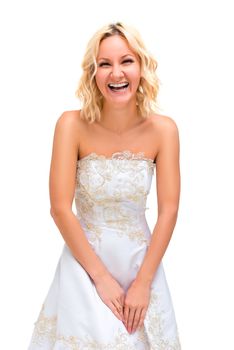 blonde girl cheerfully laughs in a wedding dress on a white background