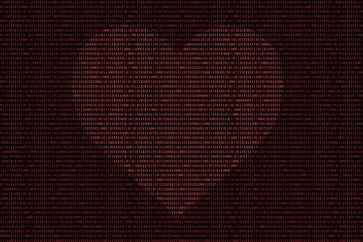 red binary computer code background, with love heart symbol sign.