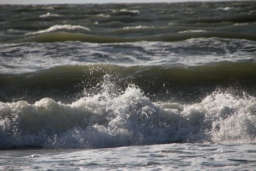 Wave with white foam and spray on the background of the storm on a clear day. Big waves natural background