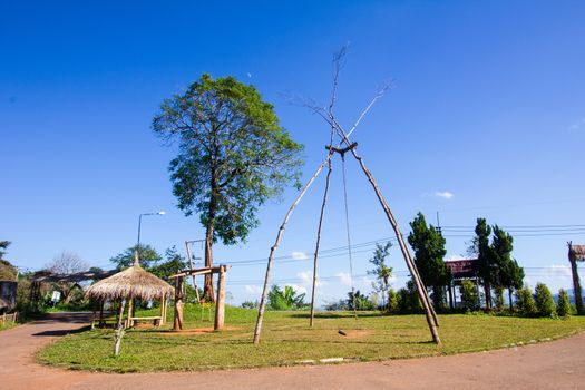 playground of hilltribe people on the mountain in thailand, with traditional exercise equipments