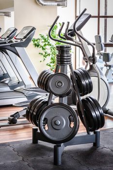 Gym interior with barbell plates holder rack