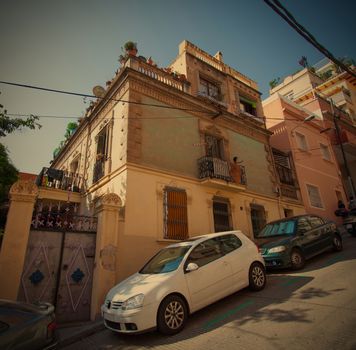 Spain, Barcelona, 2013.06.25., «Baixada de la Glòria» street, Mediterranean architecture, Instagram filter style