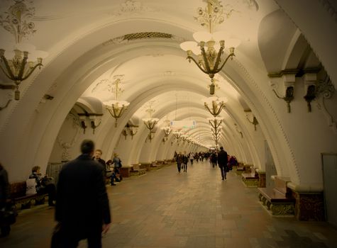 Interior of the Moscow metro station Arbatskaya at 2014, april, instagram image style, illustrative editorial use only