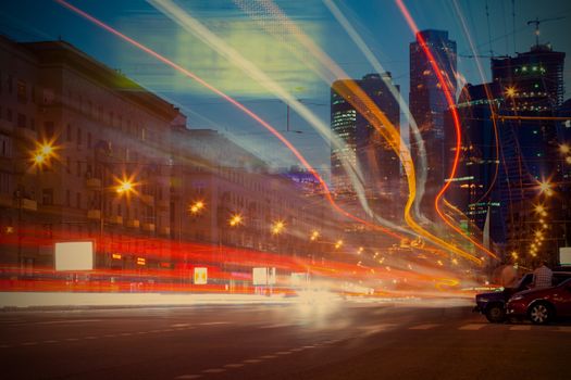 Moscow city night landscape, Dorogomilovskaya street and skyscrapers of "Moscow-City" business district, 22.05.2014, instagram image style, editorial use only