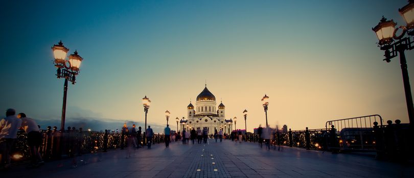 Panorama Cathedral of Christ the Saviour church at evening. Moscow, Russia - 01.06.2014, instagram image style, editorial use only