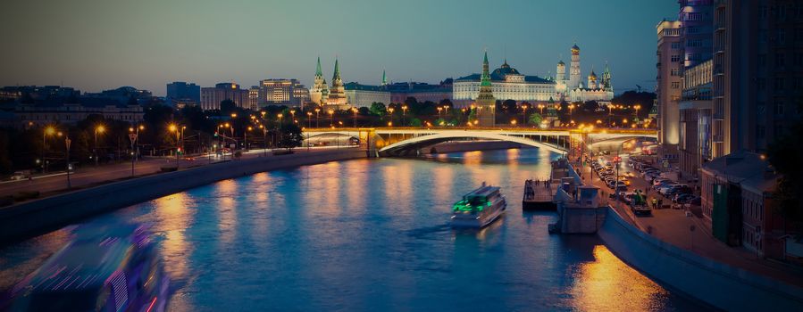 Russia-01.06.2014, Moscow panorama night view of Kremlin in the summer, instagram image style