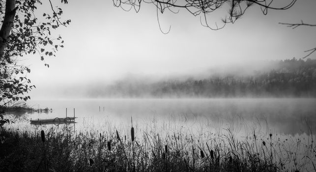 Early morning sunrise burns off the fog which has lingered over the lake.