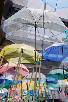 Street decorated with colored umbrellas