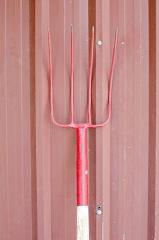 Rake , isolated on red wall , harrow