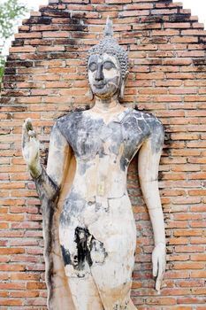 Buddha Statue in Wat Mahathat Temple in Sukhothai Historical park at sunrise, Thailand