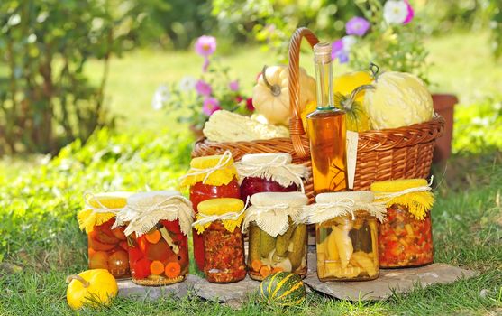 Vegetable preserves placed on the grass in the garden