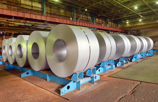 rolls of steel sheet in a factory