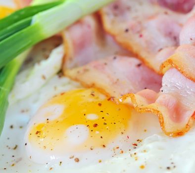 breakfast with bacon and fried eggs, macro