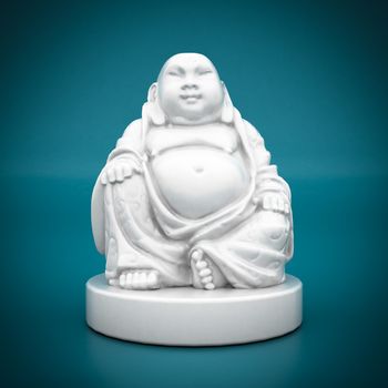 image of a white statue of Buddha on blue background