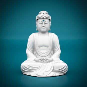 image of a white statue of Buddha on blue background