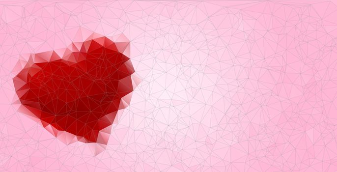 Abstract polygon background red heart on a pink background