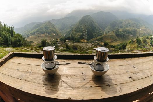 Dual coffee vietnamese style in local cafe terrace.